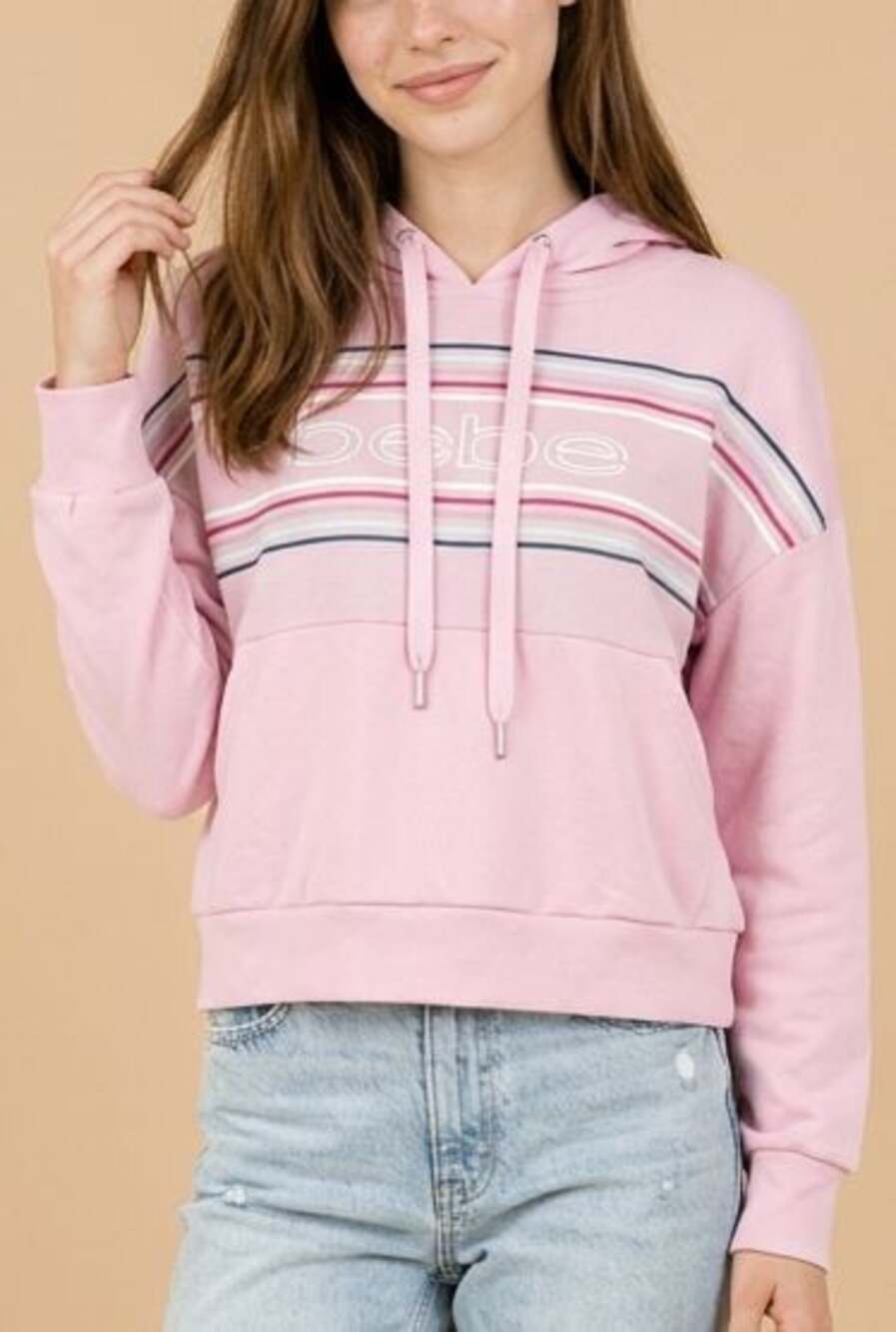 Bebe Sport Striped Logo Pullover Cropped Hoodie Pink